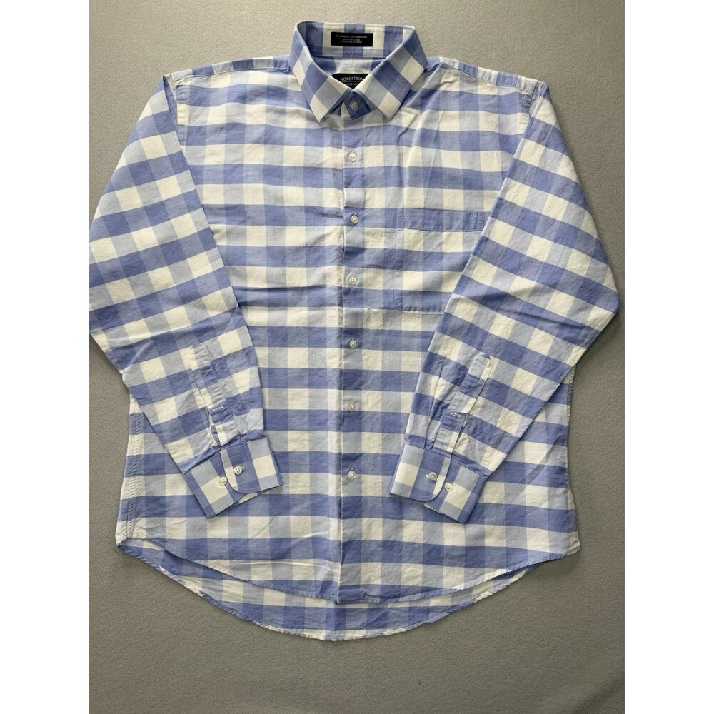 Nordstrom Men’s Shop Trim Fit Shirt 17 32/33 Blue White Check Linen